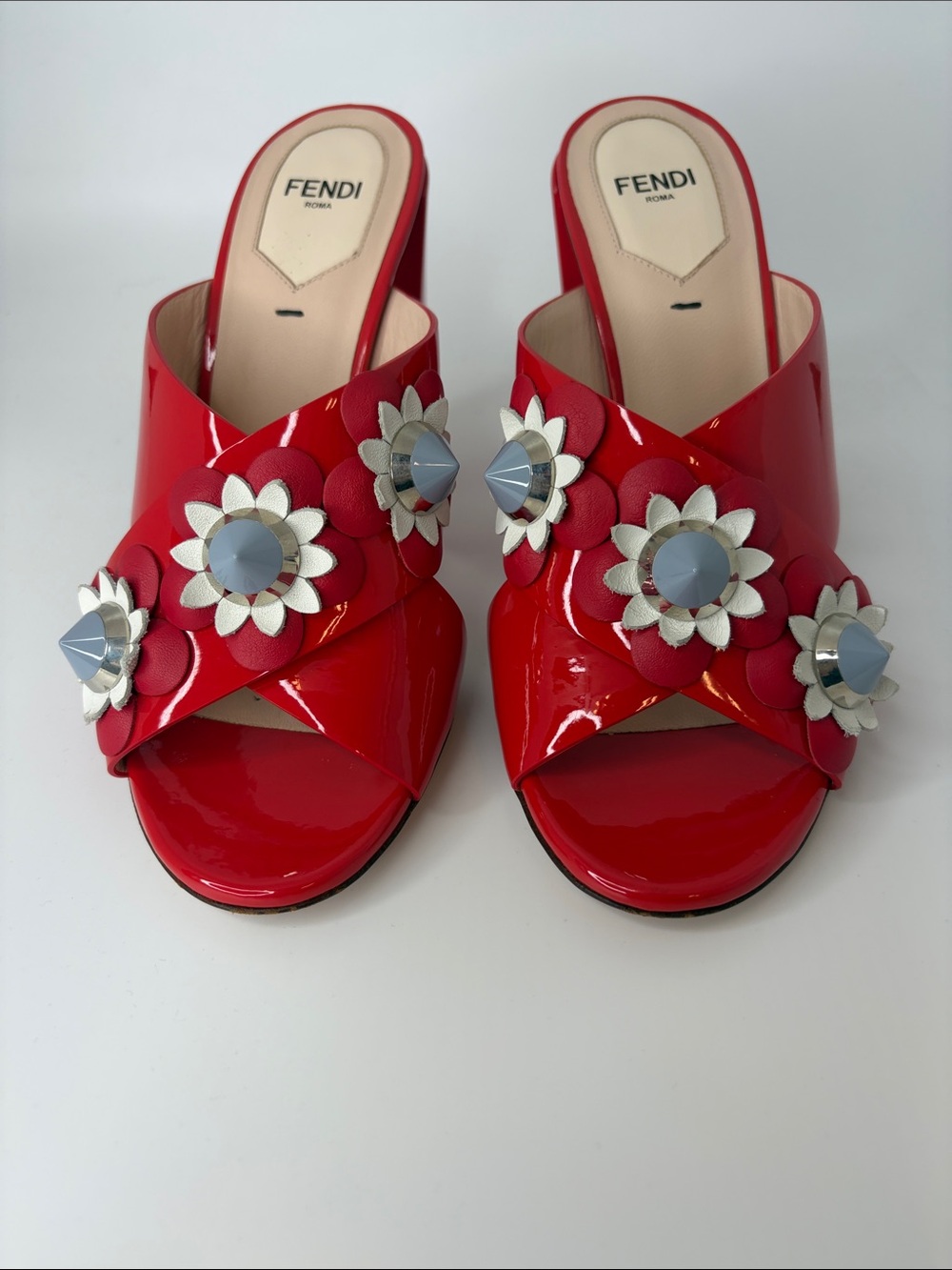 Authentic Fendi Red Patent Leather Floral-Embellished Slide Mules size 36.5